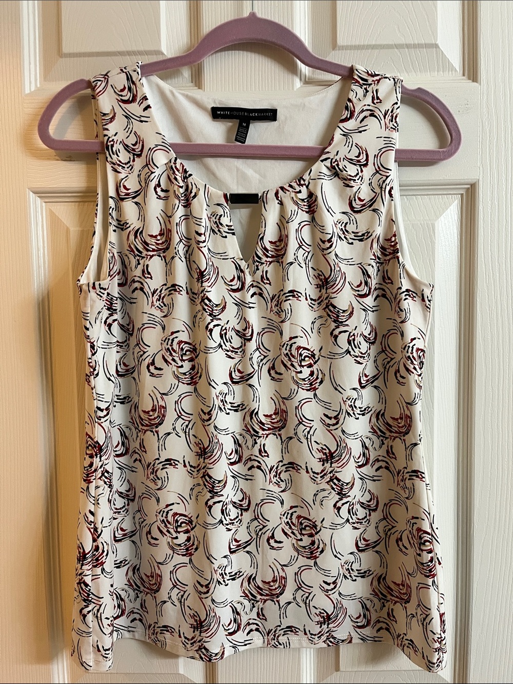 White House Black Market Sleeveless Keyhole Shell with Burgundy & Black Swirls